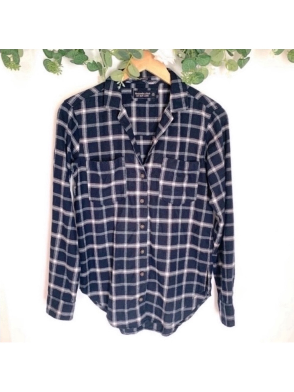 Abercrombie & Fitch Navy and White Plaid Boyfriend flannel
